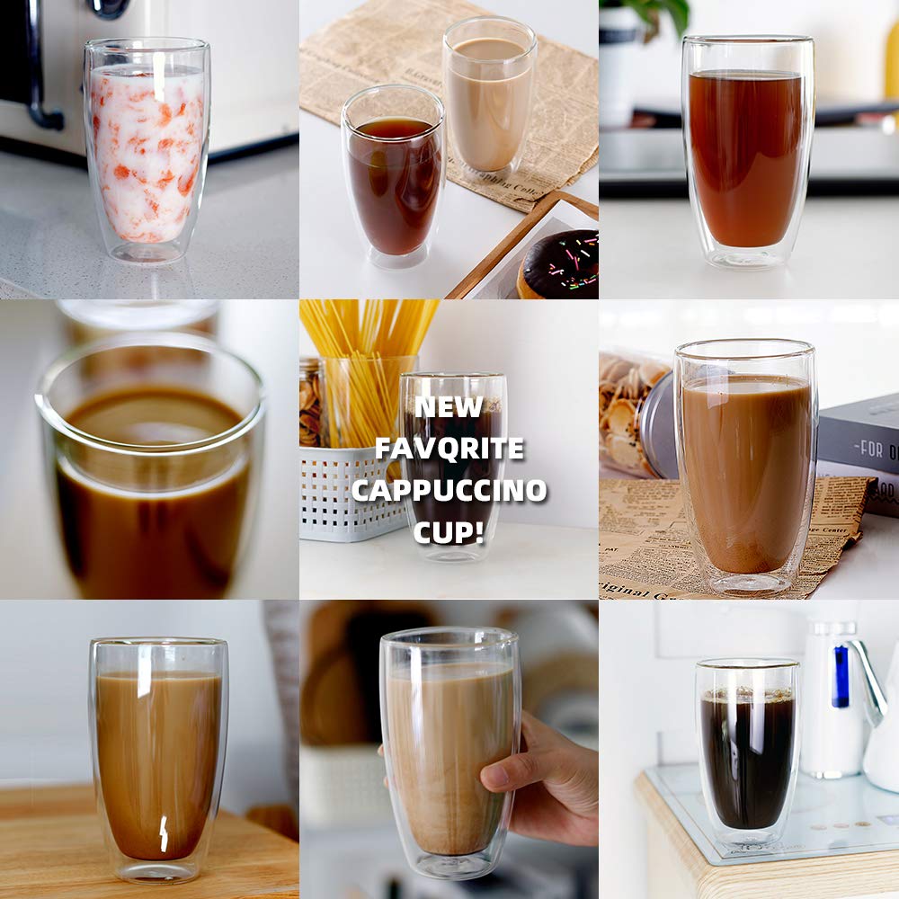 CnGlass Double Wall Thermo Glass Coffee Cup 13.5 oz,Clear Insulated Glass Coffee Mug,Set of 2