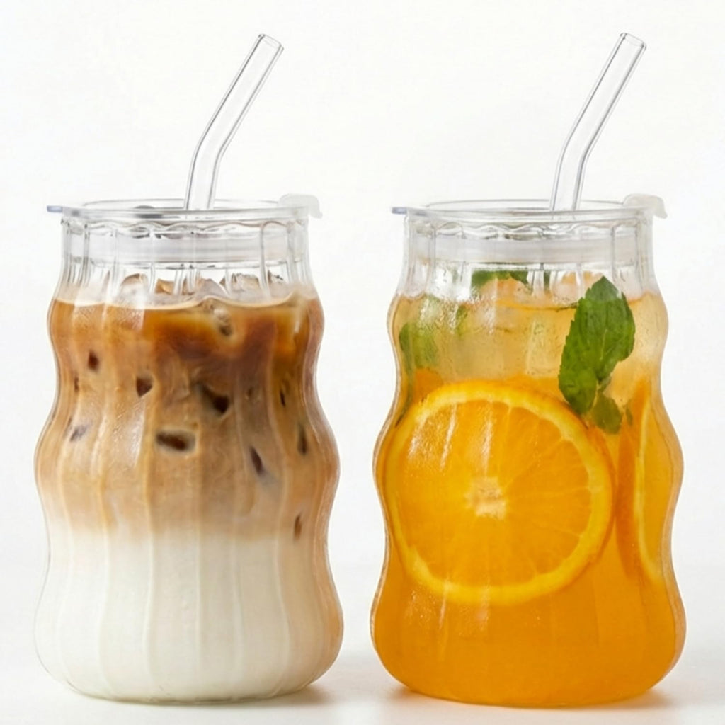 2 Pack Cloud Glass Cups with Lids and Straws - 18oz Ripple Glass Tumbler for Iced Coffee, Matcha, Smoothies - Aesthetic Ribbed Drinking Glasses, Also for Overnight Oats Containers with Lids