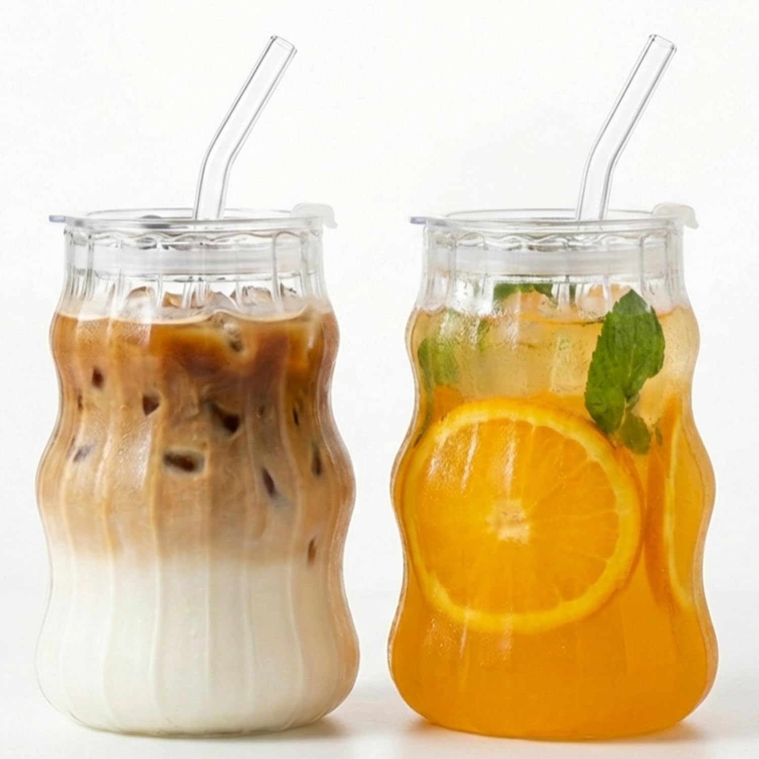 2 Pack Cloud Glass Cups with Lids and Straws - 18oz Ripple Glass Tumbler for Iced Coffee, Matcha, Smoothies - Aesthetic Ribbed Drinking Glasses, Also for Overnight Oats Containers with Lids