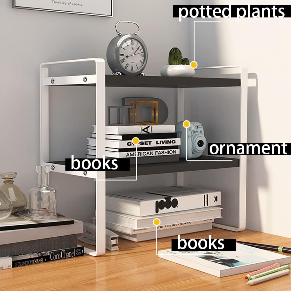 Desktop Organizer Shelf, 2 Tiers Desktop Storage Shelf, Desk Shelf Storage Rack, Metal and Wooden Desktop Countertop Bookshelf, Small Display Shelf for Office, Kitchen, Bedroom, Bathroom, Dorm (Black)