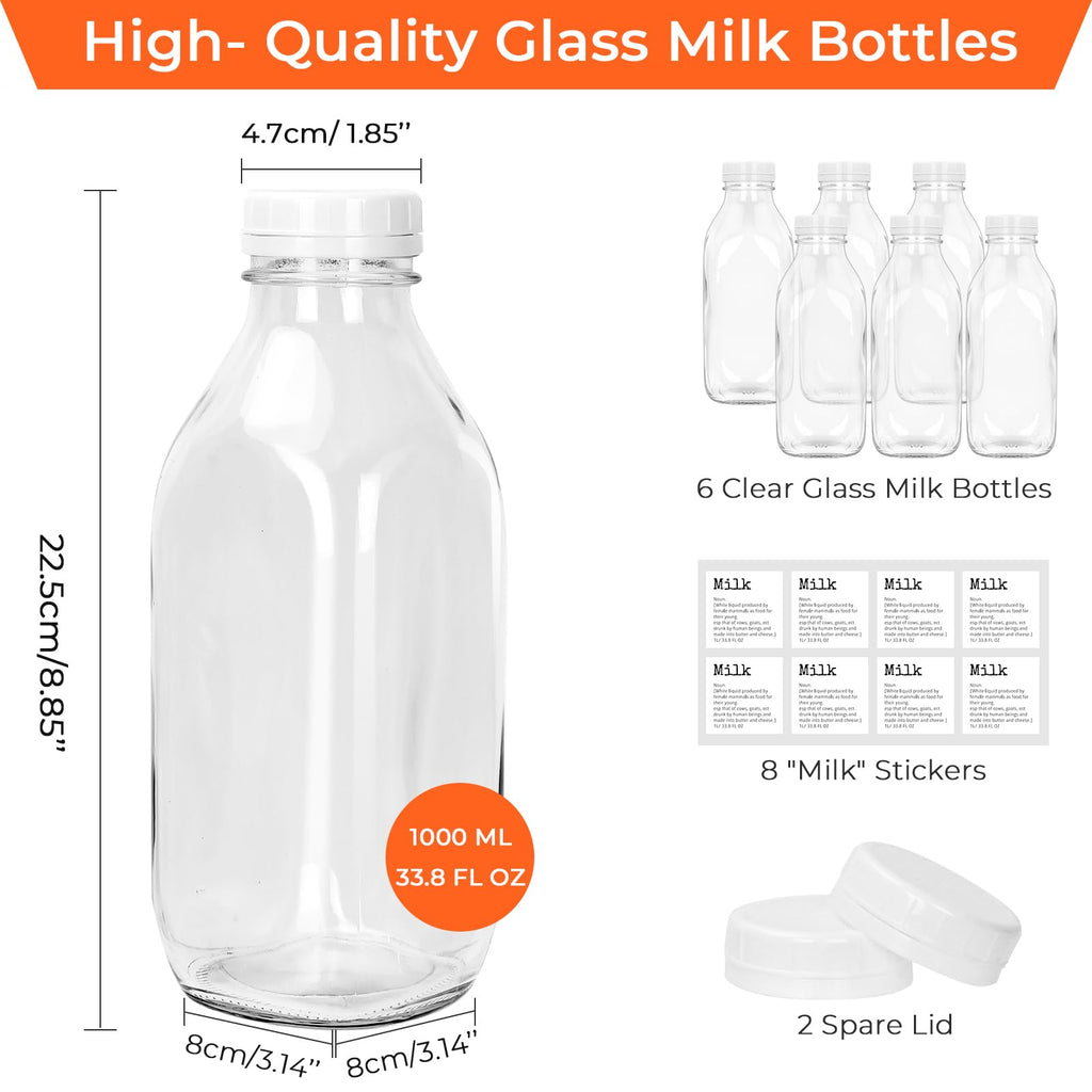 DHSBTLS 6 Pcs Glass Milk Bottles with Lid, 32 oz/ 1 L Reusable Glass Milk Container for Fridge to Store Fresh Milk, Airtight Heavy Duty Clear Juice Jar for Juice, Honey, Syrup, Extra 2 Lids& Stickers