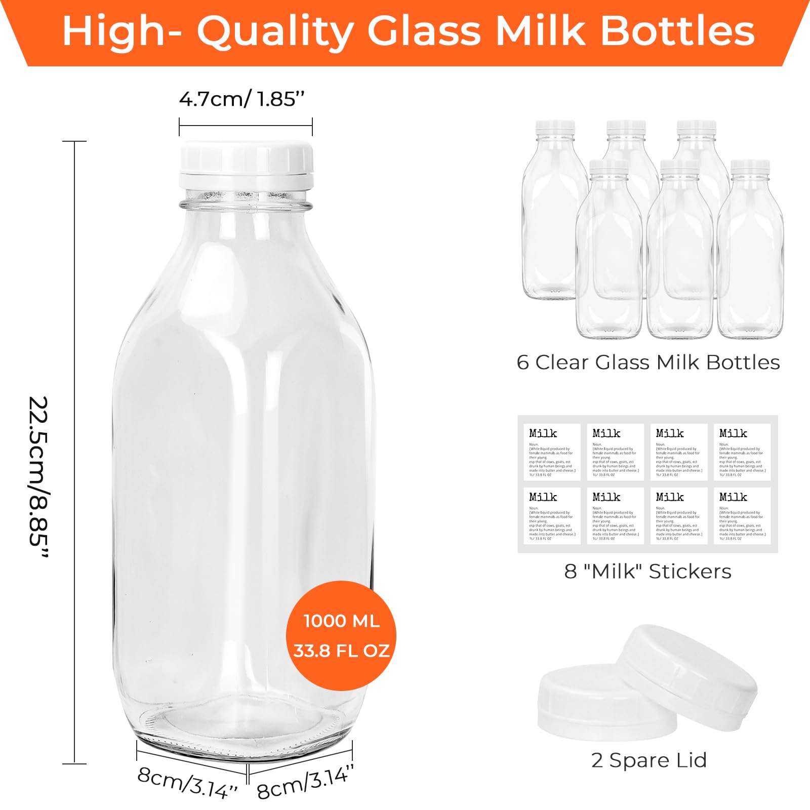 DHSBTLS 6 Pcs Glass Milk Bottles with Lid, 32 oz/ 1 L Reusable Glass Milk Container for Fridge to Store Fresh Milk, Airtight Heavy Duty Clear Juice Jar for Juice, Honey, Syrup, Extra 2 Lids& Stickers