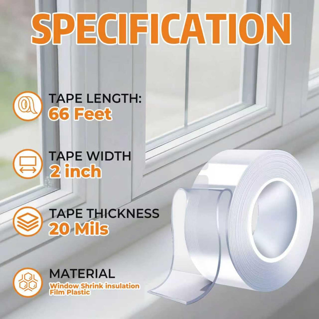 20Mil Thick Window Weather Sealing Tape, 2in x 66ft Transparent Window AC Insulation Air Conditioner Sealing Tape, No Residue