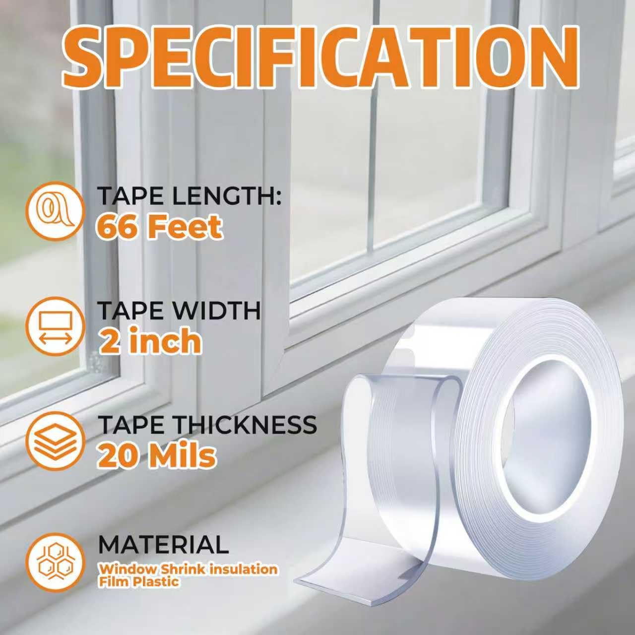 20Mil Thick Window Weather Sealing Tape, 2in x 66ft Transparent Window AC Insulation Air Conditioner Sealing Tape, No Residue