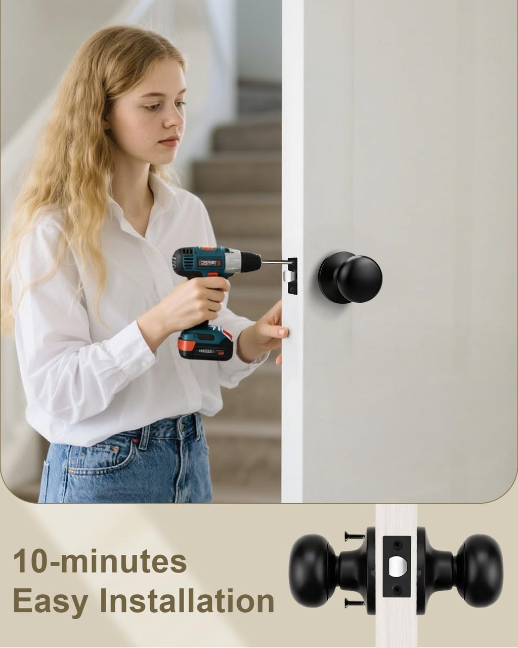 GOBEKOR 1 Pack Matte Black Door Knob Interior, Passage Door Knob Handles Non-Locking, Flat Ball Knob Closet/Hall Doorknob Keyless, Solid Stainless Steel Door Handle Lock, Reversible for Right or Left