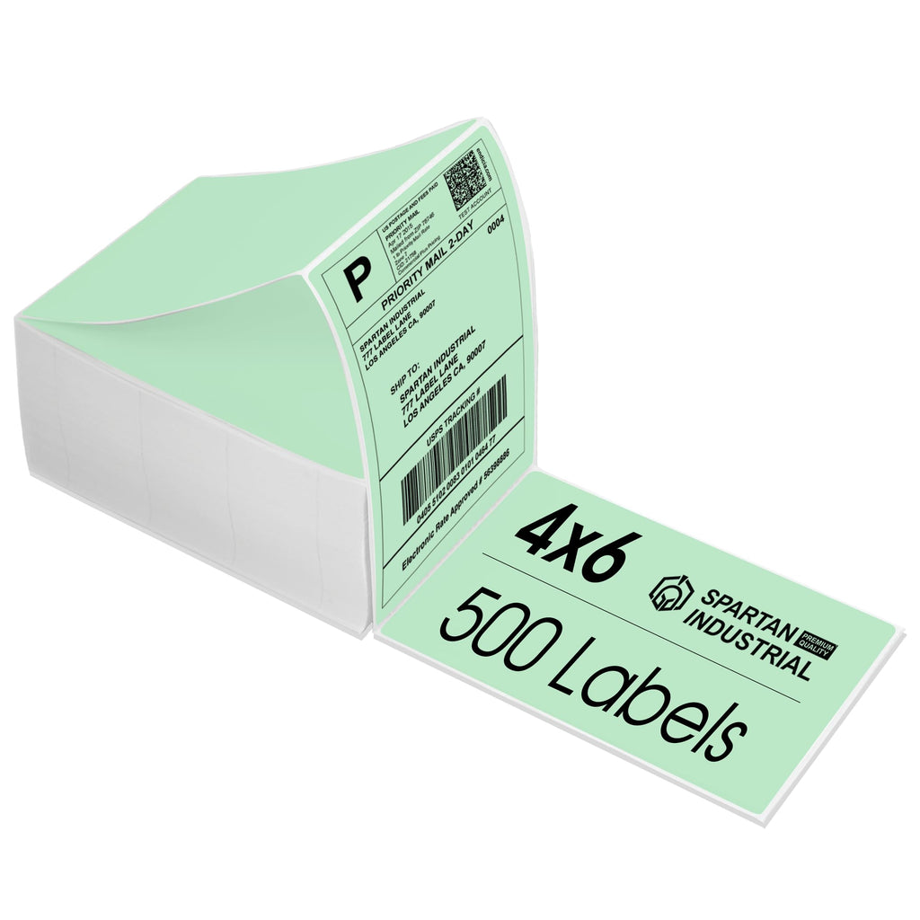 Spartan Industrial Direct Thermal 4" X 6" Fanfold Green Shipping Labels | (500 Total 4x6 Fan-fold Labels) | Compatible with Rollo, Munbyn, Zebra Thermal Printers | Commercial Grade and Professional