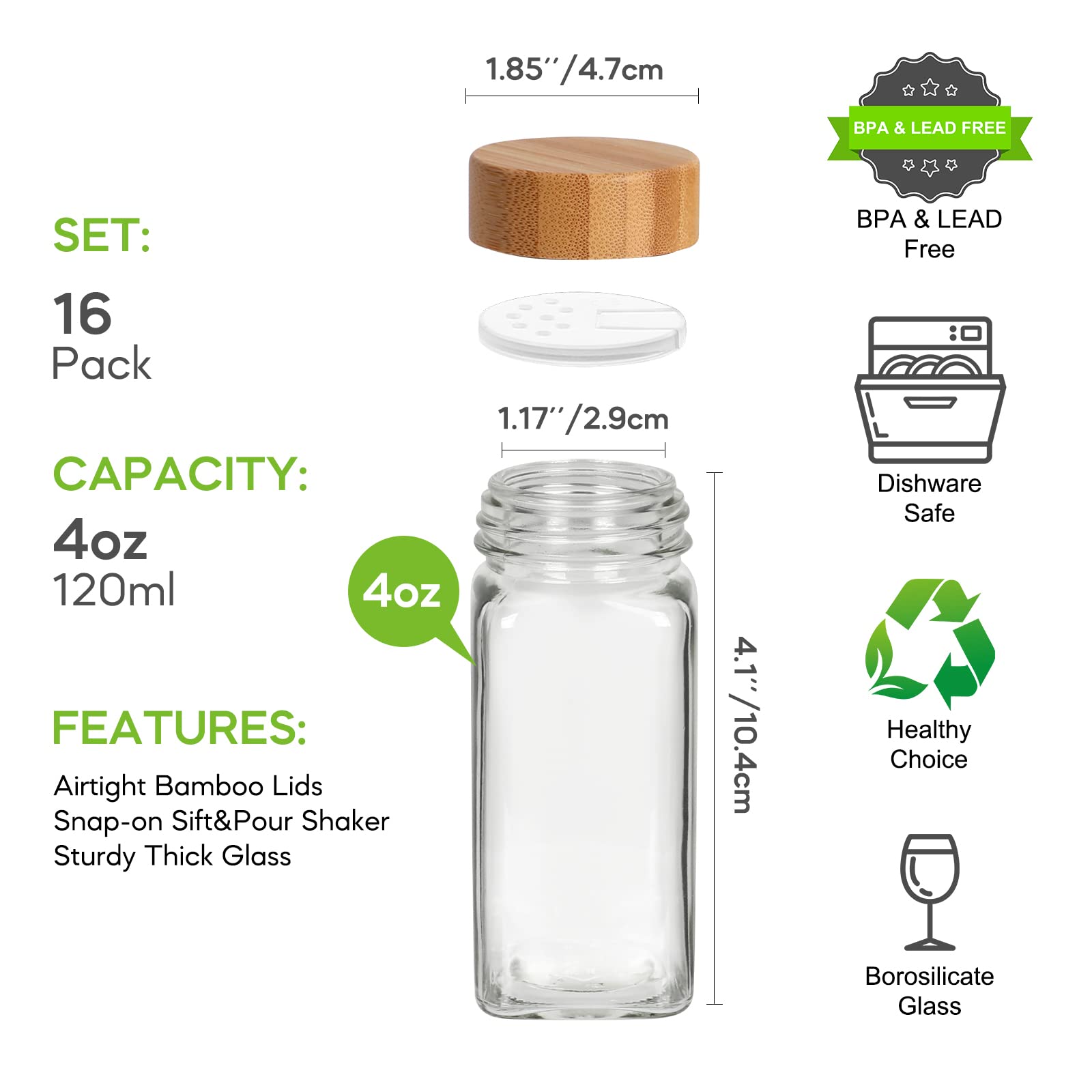 EkkoVla 16 Pack 4 oz Glass Spice Jars with Bamboo Lids, Empty Square Spice Containers with Blank＆Printed Spice Labels for Kitchen Cabinet