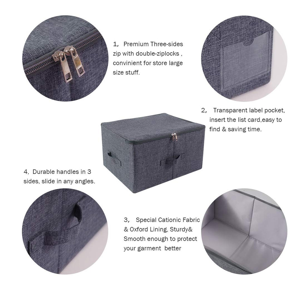 Pack of 2, Zip Lid Stackable Storage Boxes for Clothes Organizer in Wardrobe, Folding & Washable, Black Gray