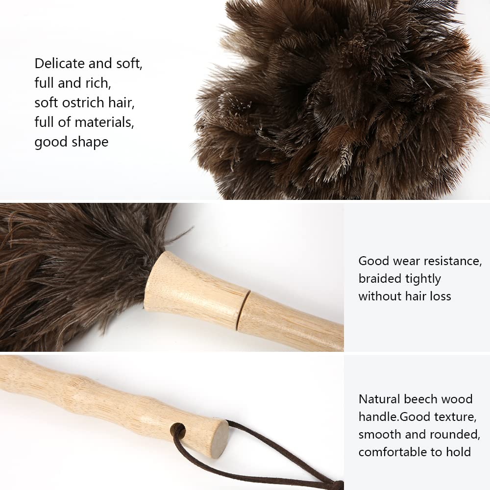 iHUFeather Ostrich Feather Duster 16 inch Feather Duster Fluffy Natural Genuine Ostrich Feathers with Wooden Handle and Eco-Friendly Reusable Handheld Ostrich Feather Duster for Cleaning Supplies