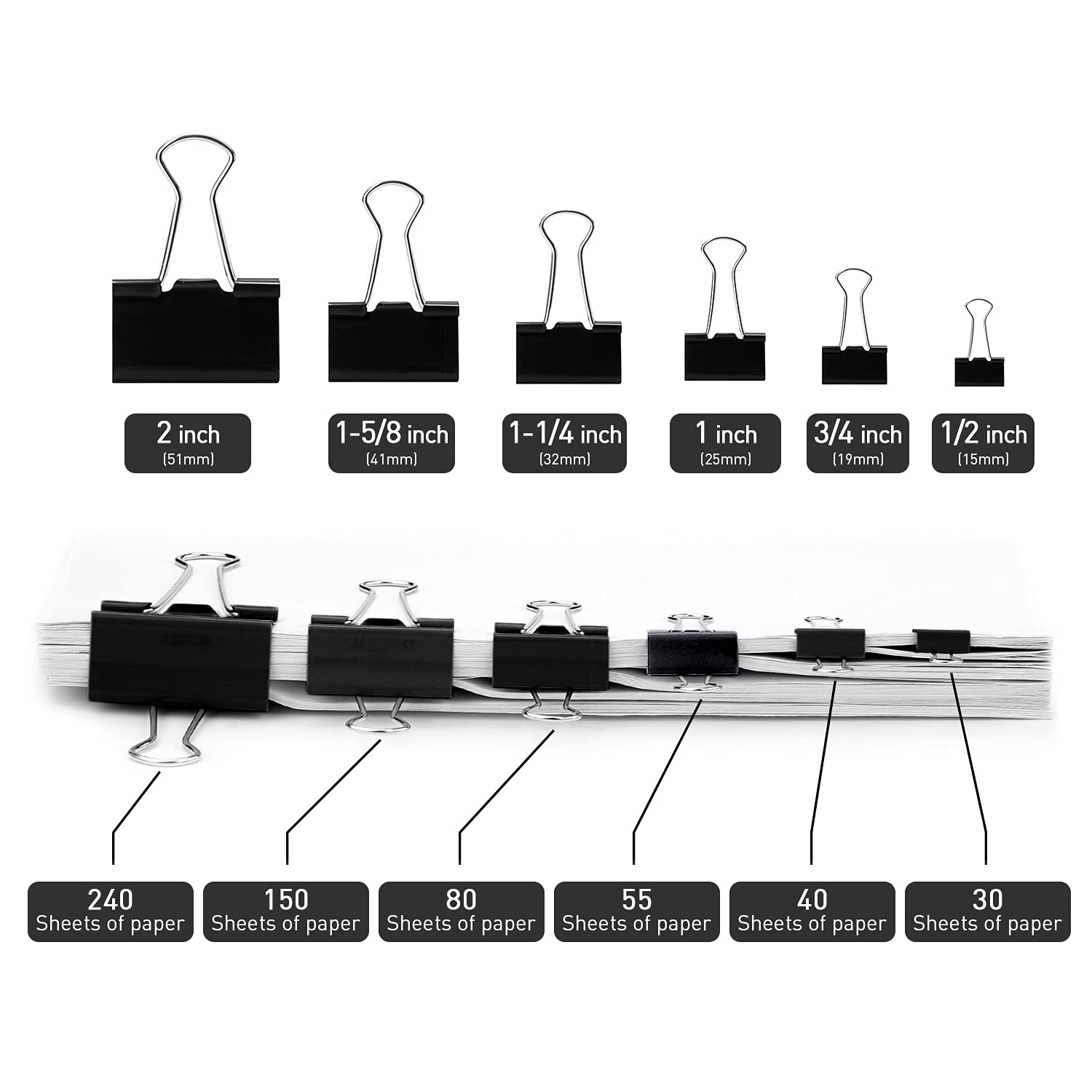 Large Binder Clips 1.6 Inch Black 48 Pcs, Binder Clips 41mm for Teacher School Office and Business
