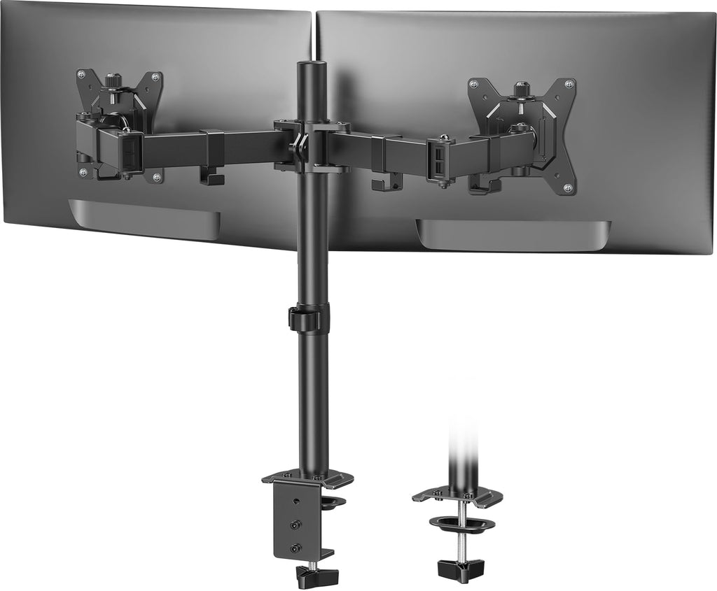 HUANUO Dual Monitor Stand for 13-30 Inch Screens | 22lbs Per Arm| 75x75mm & 100x100mm VESA | C-Clamp & Grommet Mount | Includes Cable Management & USB Support