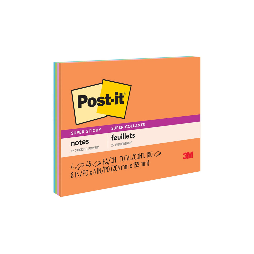 Post-it Super Sticky Notes, 8 in x 6 in, Rio de Janeiro Collection, 4 Pads/Pack, 45 Sheets/Pad (6845-SSP)