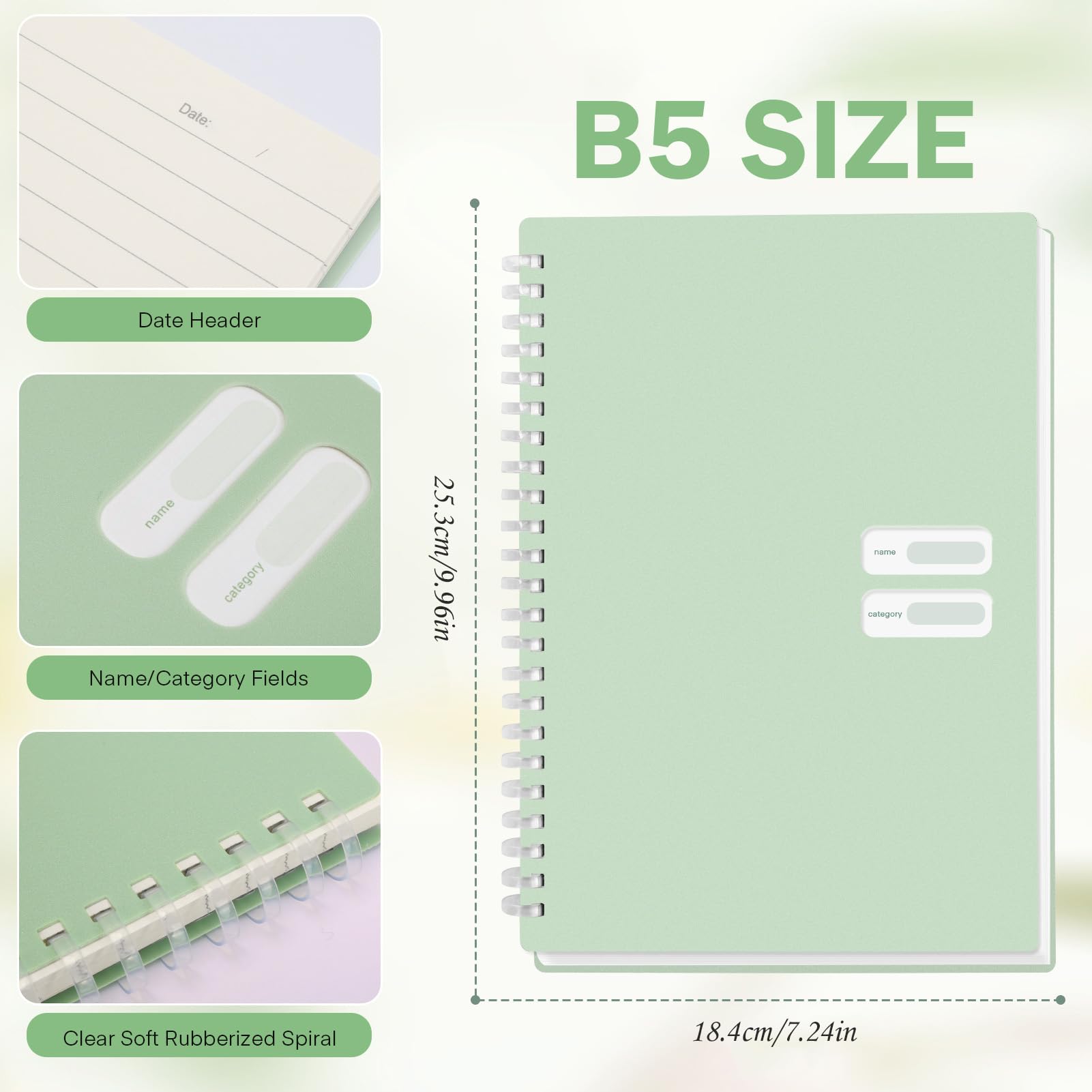 Colacoo 4 Pack B5 Spiral Notebook - PP Hardcover Spiral Bound Notebook with Soft Coil, 7 x 10" Coil Notebook College Ruled Lined Journal Notebook, 70 Sheets/140 Lined Pages, Assorted Green