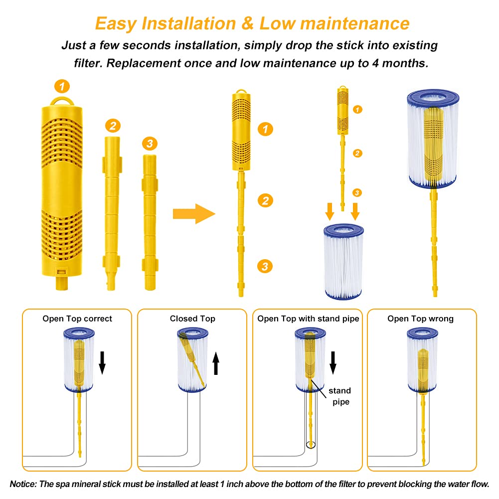 ACETOP Spa Mineral Stick 2 Pack Hot Tub Filter with 4 Months Lifetime Cartridge Universal for Spas Filters Swimming Pool Fish Pond (Yellow)