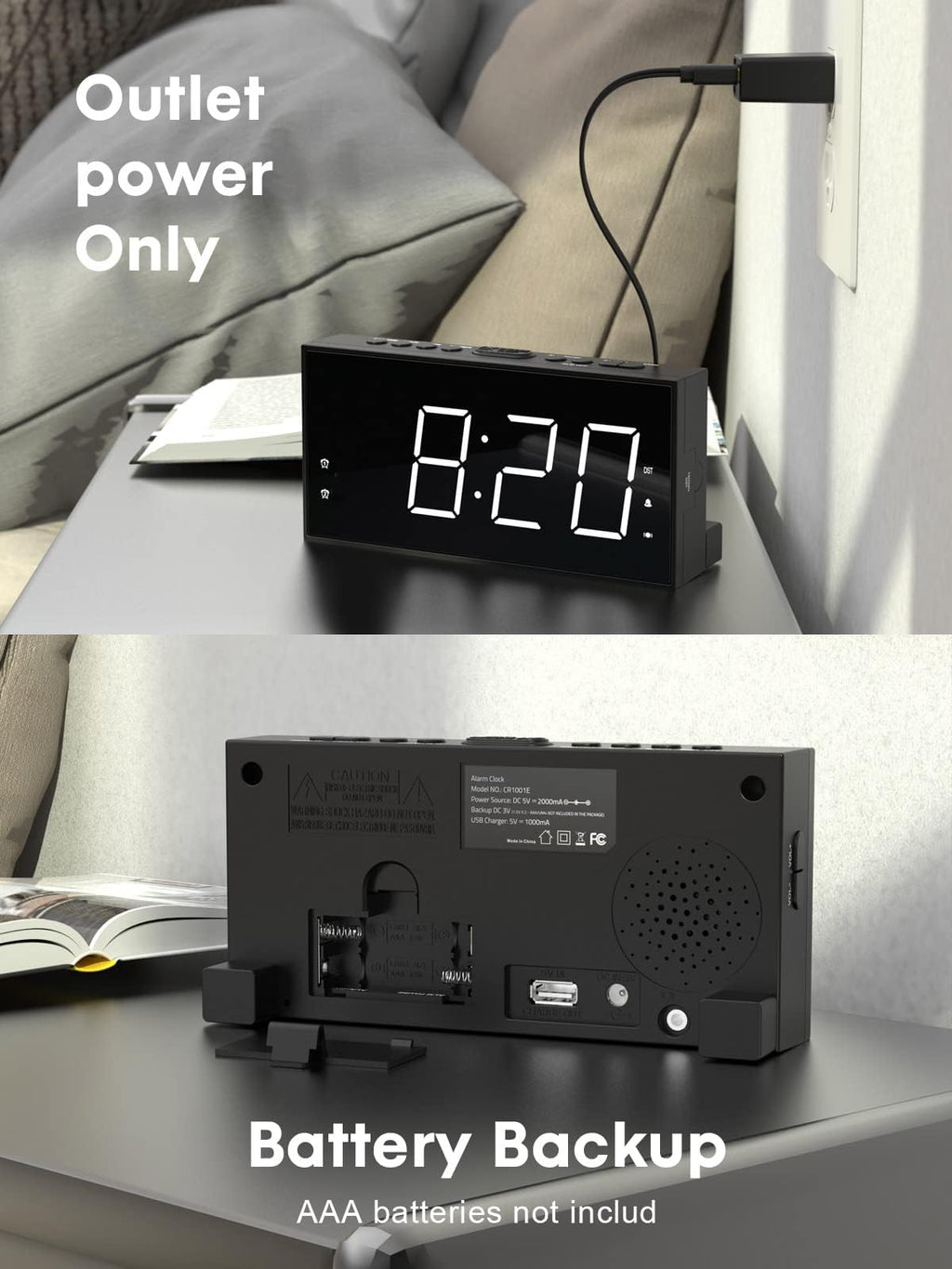 ROCAM Alarm Clock for Heavy Sleepers, Vibrating Alarm Clock with Bed Shaker Dual Alarms, 7.5" Large LED Display with 5 Brightness Dimmer, Alarm Clocks for Bedrooms, Deaf People