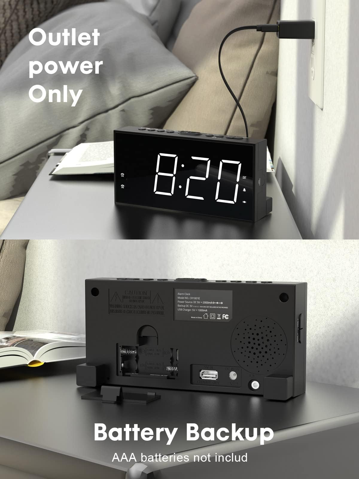 ROCAM Alarm Clock for Heavy Sleepers, Vibrating Alarm Clock with Bed Shaker Dual Alarms, 7.5" Large LED Display with 5 Brightness Dimmer, Alarm Clocks for Bedrooms, Deaf People