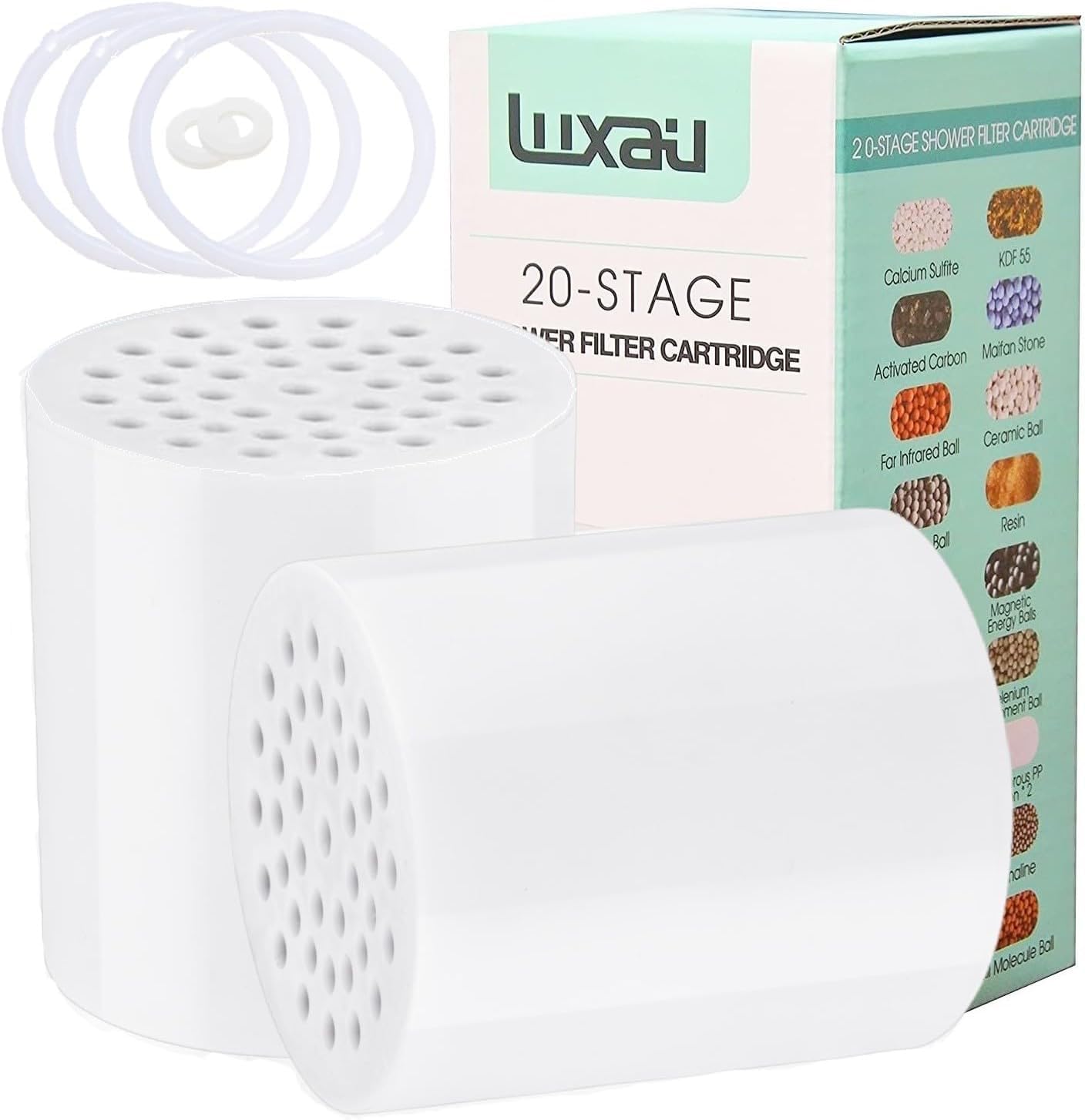 2 Pcs Luxau 20 Stage(Also Fit 15, 18 Stage) Shower Filter Replacement Cartridge, Shower Head Filter Refill, for Hard Water Chlorine Heavy Metal, Skin Hair, Fit Any Similar Design Shower Water Filter