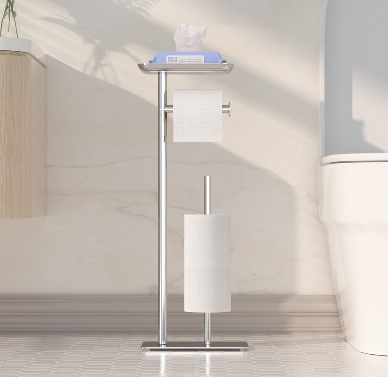 Toilet Paper Holder Stand with Top Storage Shelf, Silver Toilet Paper Roll Holder Free Standing, Floor Standing Toilet Roll Dispenser Storages 4 Reserve Rolls, CAA75CH046