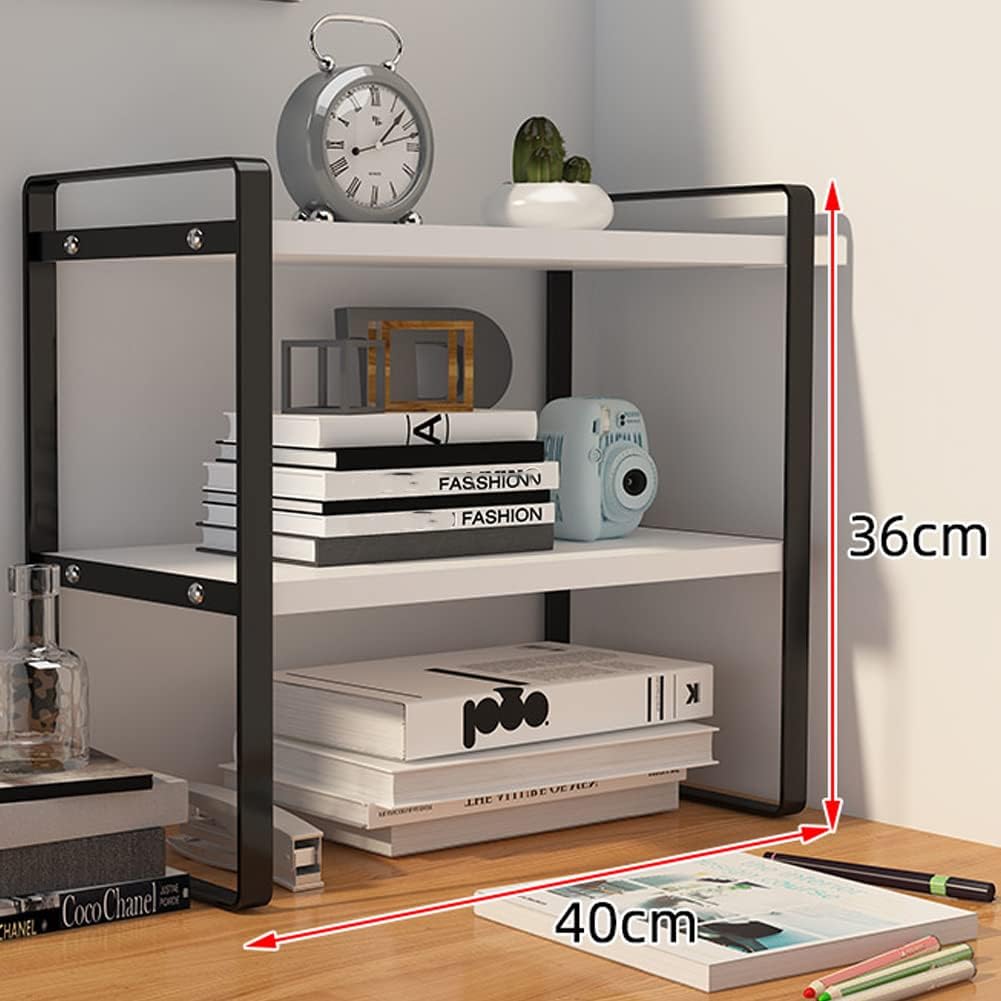 Desktop Organizer Shelf, 2 Tiers Desktop Storage Shelf, Desk Shelf Storage Rack, Metal and Wooden Desktop Countertop Bookshelf, Small Display Shelf for Office, Kitchen, Bedroom, Bathroom, Dorm (Black)
