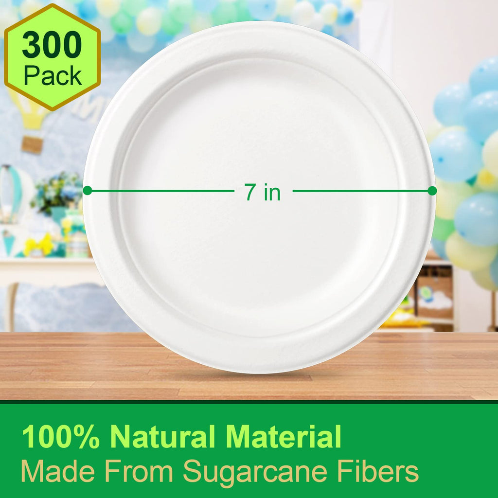 GREENESAGE 100% Compostable Plates 7 inch, 300 Pack Paper Plates Bulk, Small Paper Plates Eco Friendly Disposable Plates, White Paper Plates for Dessert, Cake, and Snack