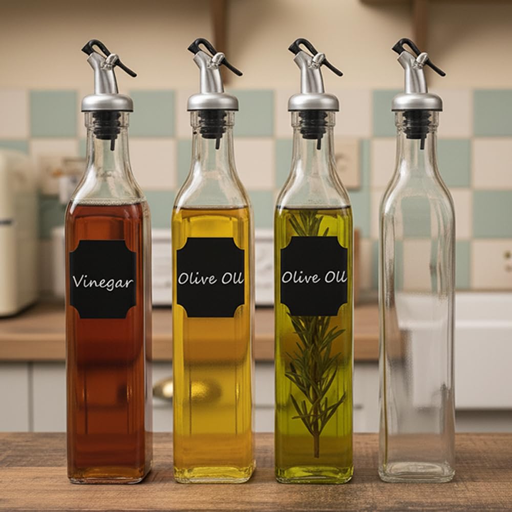 WERTIOO Oil Dispenser Bottle 4 Pack 17 OZ Glass Olive Oil and Vinegar Dispenser Set Oil Container with Funnel & Pen and Tag for Kitchen