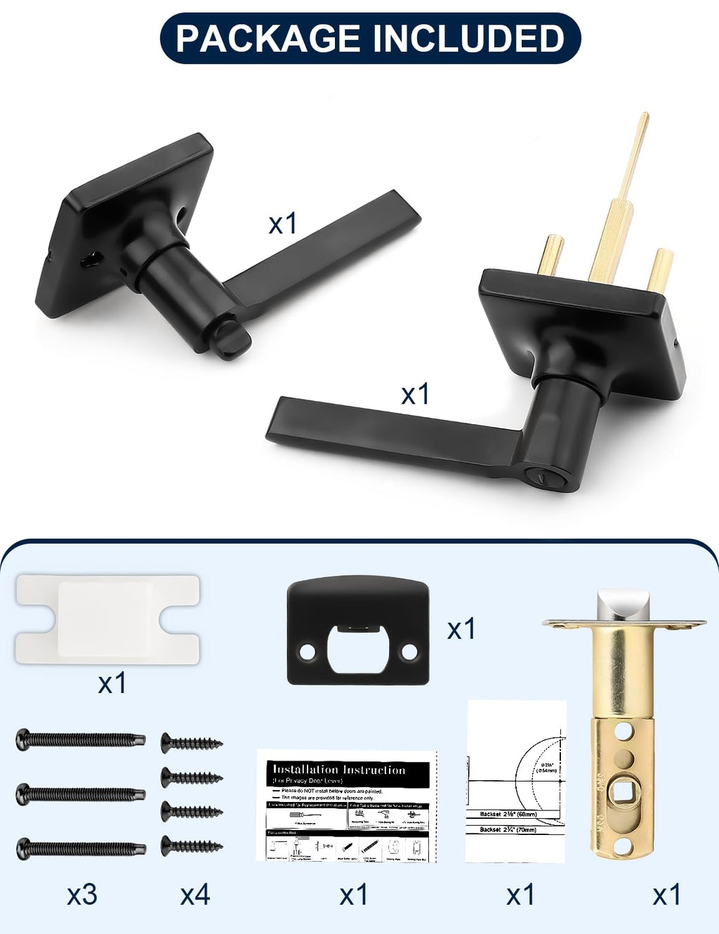 Mengico Matte Black Door Handles Interior 1 Pack, Square Privacy Door Levers, Keyless Door Handle with Lock, Modern Black Door Knobs for Bedroom and Bedroom, Reversible for Right/Left Side