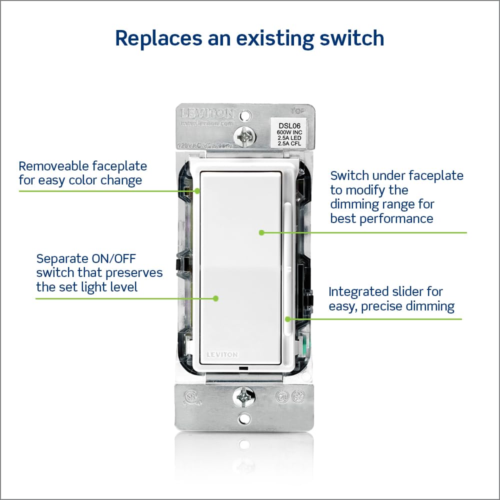 Leviton Decora Dimmer with Slide Bar and Rocker Switch, 15 Amp, DSL06-1LZ, White