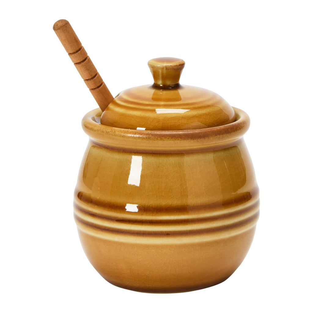 Creative Co-Op Farmhouse Embossed Stoneware Honey Pot with Wood Honey Dipper, Amber Orange