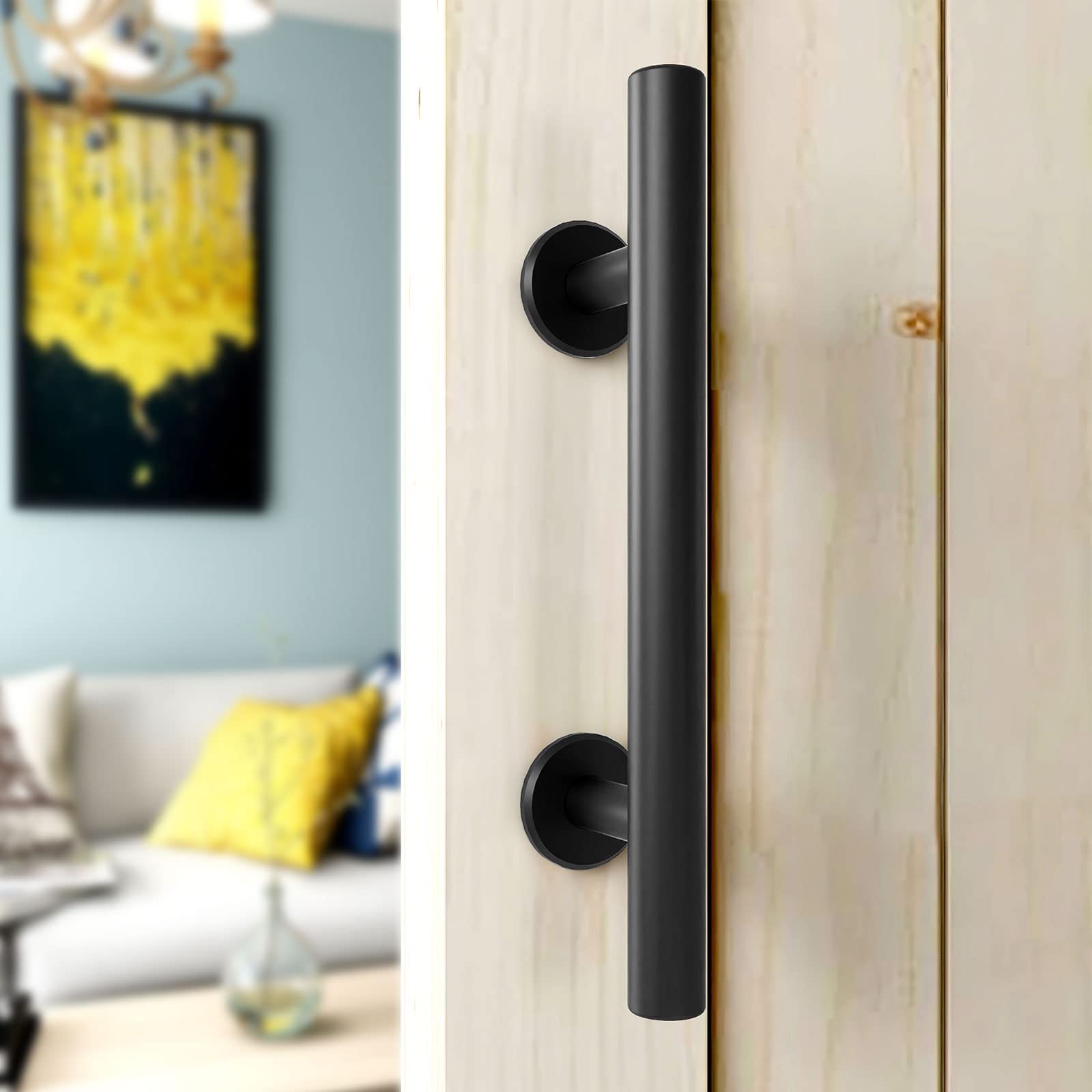 CCJH 9.5" Pull and Flush Sliding Barn Door Handle Set Heavy Duty Large Rustic Two-Side Design for Gates Garages Sheds Furniture, Solid Steel,Black