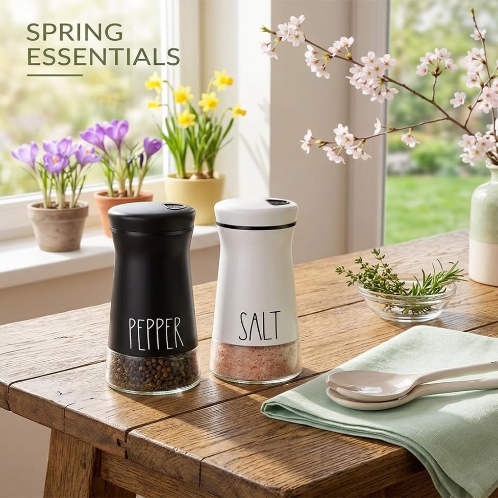 Farmhouse Salt and Pepper Shakers with Adjustable Pour Holes, Refillable Salt Shaker by Aelga, Ideal for Himalayan, Kosher, Black and White Pepper