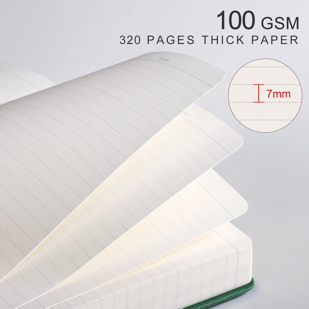 EMSHOI Lined Journal Notebook, 320 Numbered Pages, A5 College Ruled Notebook, with 100 GSM Thick Paper, Hardcover Leather, Contents, Stickers, Inner Pocket, Pen Holder, 5.75 x 8.38-Dark Green