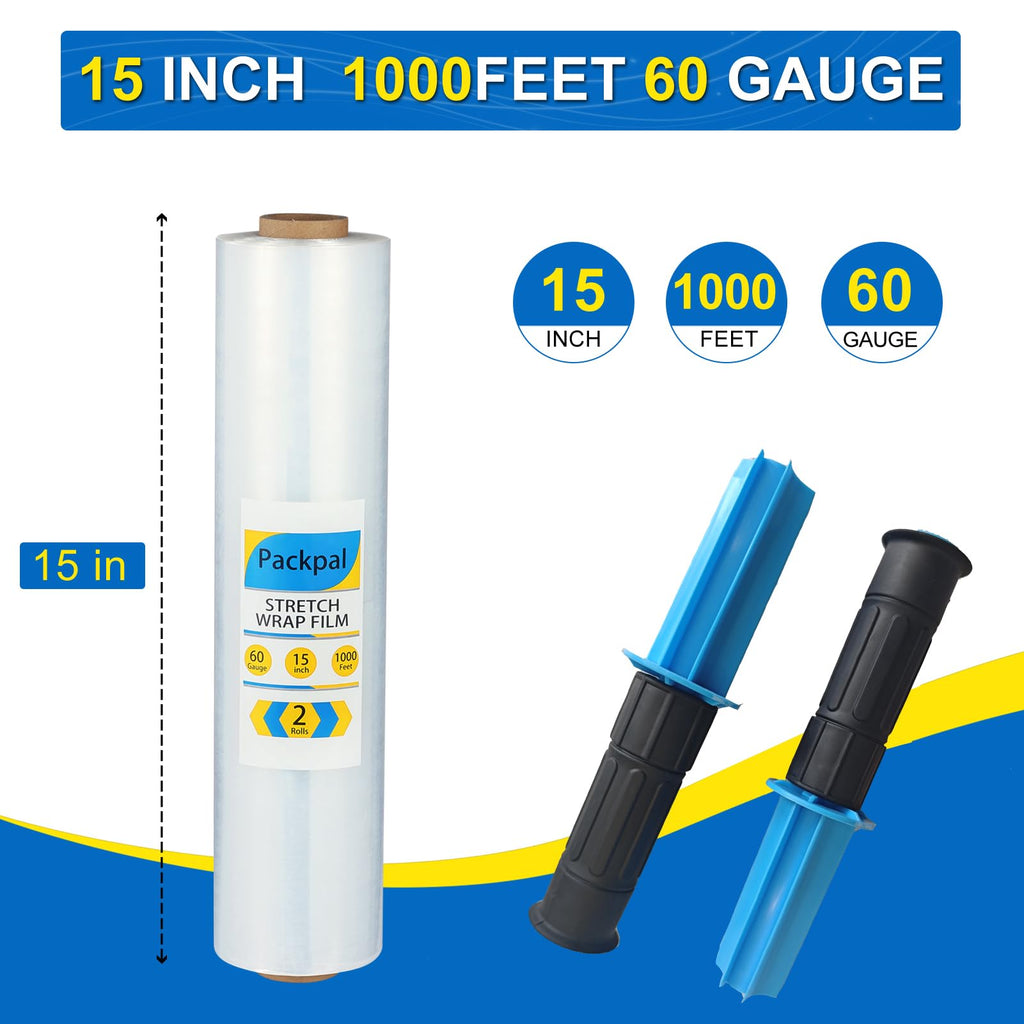 Packpal 2 Rolls Shrink Wrap Stretch Film with Handles 15"x 1000ft, Clear Plastic Wrap for Packing Pallet, Moving Suppliers for Furniture, Suitcases, Stretch Wrap for Shipping & Travel.