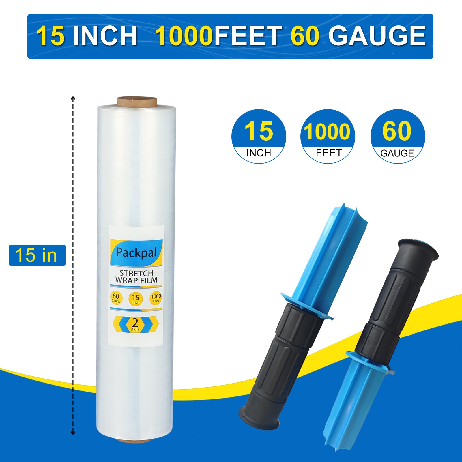 Packpal 2 Rolls Shrink Wrap Stretch Film with Handles 15"x 1000ft, Clear Plastic Wrap for Packing Pallet, Moving Suppliers for Furniture, Suitcases, Stretch Wrap for Shipping & Travel.