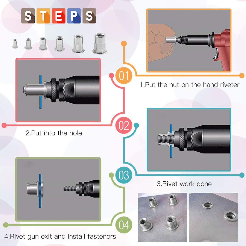 Glarks 180Pcs 304 Stainless Steel Flat Head Threaded Rivetnut Insert Nutsert Rivet Nut Assortment Kit - M3 M4 M5 M6 M8 M10