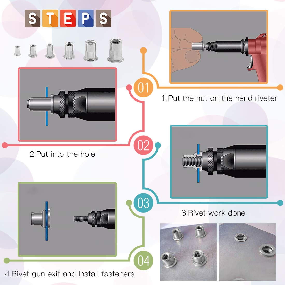 Glarks 180Pcs 304 Stainless Steel Flat Head Threaded Rivetnut Insert Nutsert Rivet Nut Assortment Kit - M3 M4 M5 M6 M8 M10