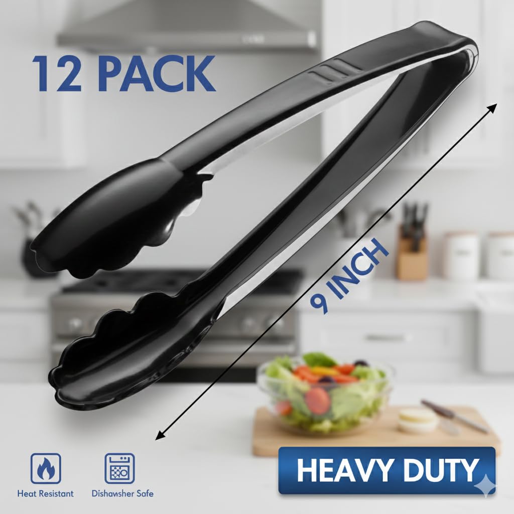 Plastic Tongs for Serving (Pack of 12) 9 Inch - Heavy-Duty Hard Plastic Reusable or Disposable Serving Tongs for Catering, Dinner Parties, Banquets, Buffets, Events, Weddings, and Everyday Use, Black