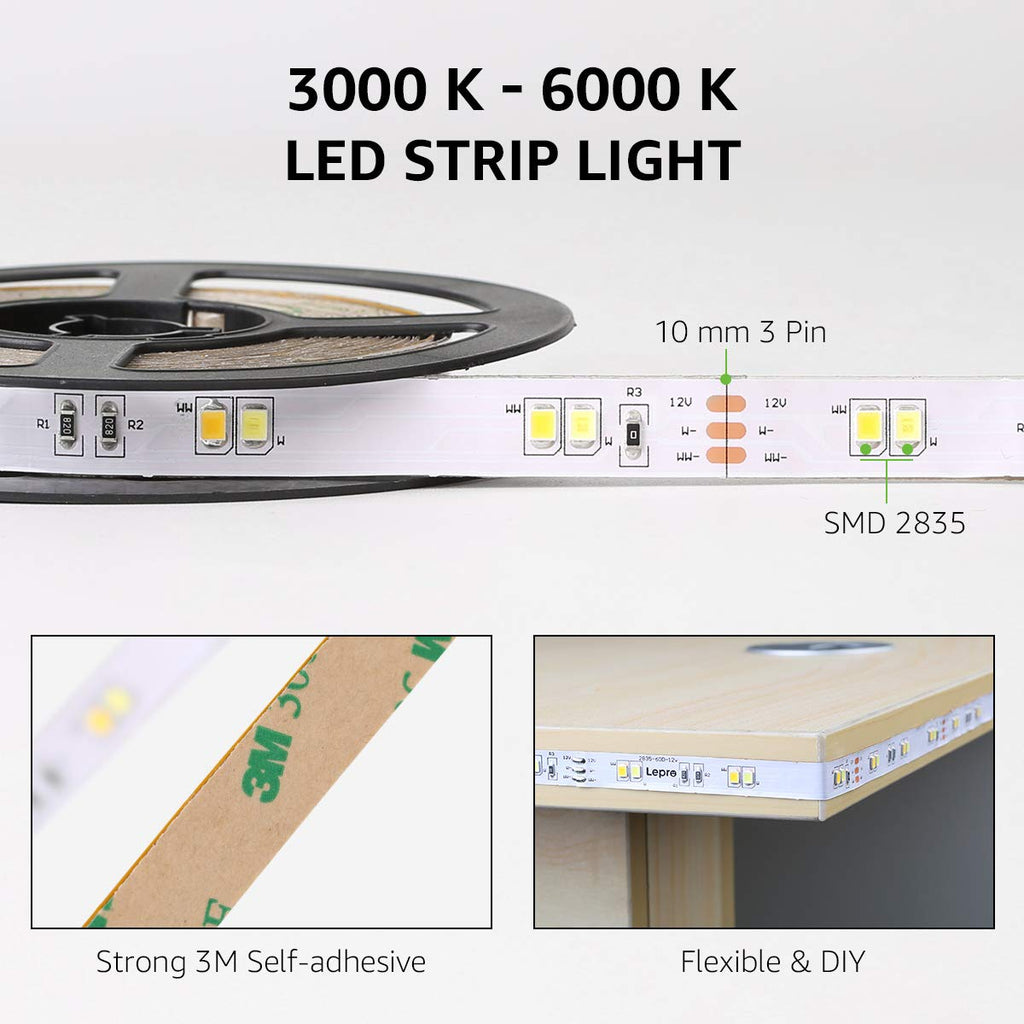 Lepro LED Strip Lights, 32.8ft Dimmable Light Strip, 3000-6000K Tunable White,600 LEDs SMD 2835 LED Tape Light for Bedroom Home Kitchen, Non-Waterproof
