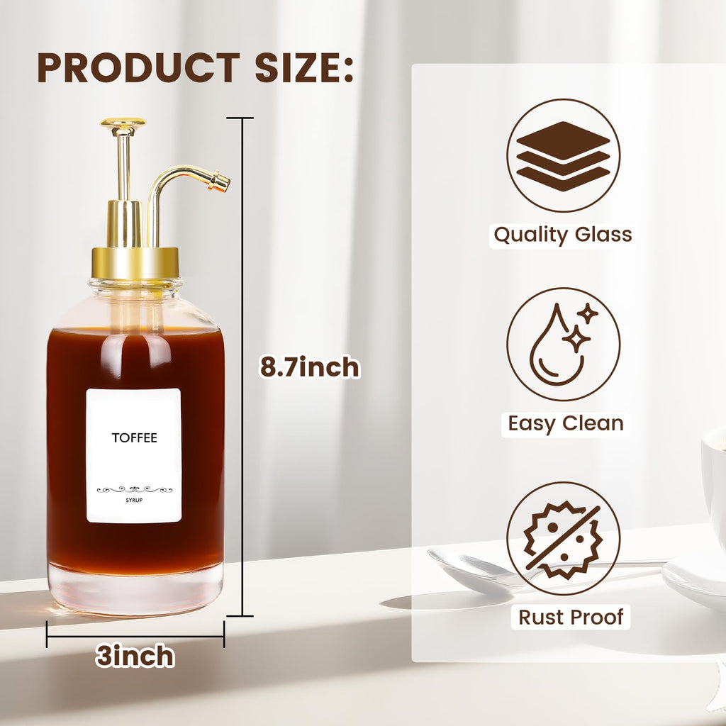 16.9oz Coffee Syrup Dispenser 4Pack- Glass Syrup Dispenser Kit for Coffee Bar Accessories for Home Coffee Bar/Premium Labeled Barista Kit, Gold