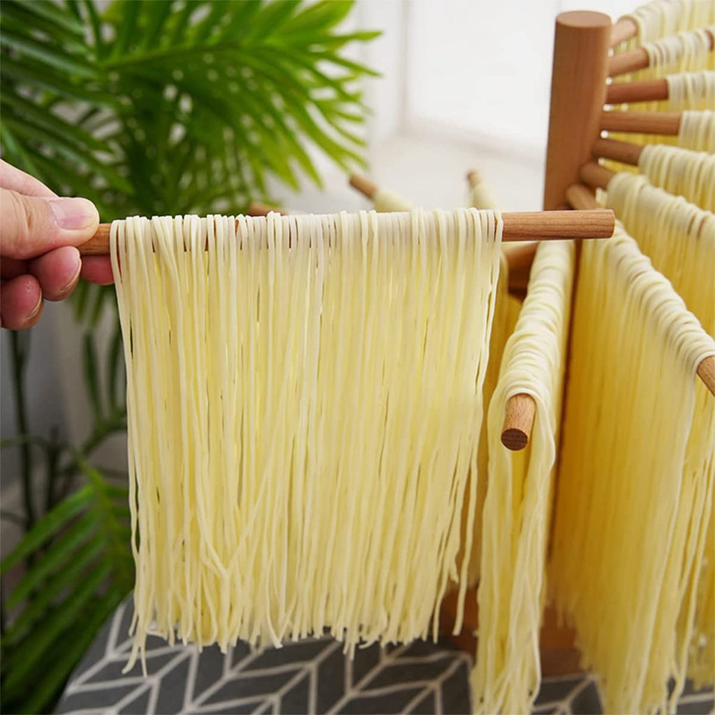 Pasta Drying Rack Collapsible Wood Fresh Pasta Dryer Rack Stand Foldable Noodle Hanger with 16 Non-Slip Rods Spaghetti Drying Rack for Kitchen Compact for Easy Storage, Quick Set up (Log Color)