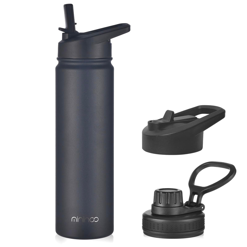 mininoo Insulated Stainless Steel Water Bottle with Straw and Lid for Sports, 24 oz, Black
