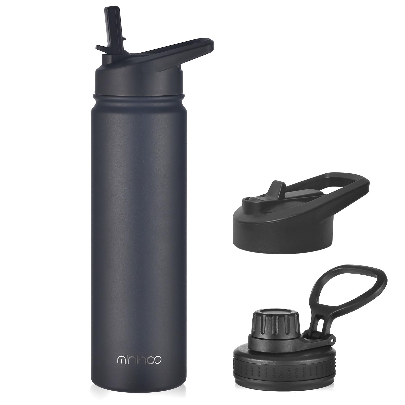 mininoo Insulated Stainless Steel Water Bottle with Straw and Lid for Sports, 24 oz, Black