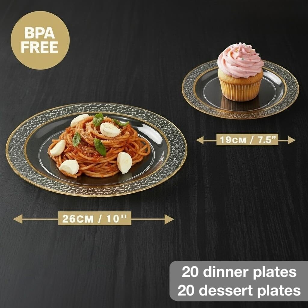 MATANA 40 Clear Plastic Party Plates with Hammered Gold Rim, 20 Dinner Plates 10.25 Inch + 20 Salad Dessert Appetizer Plates 7.5 Inch, Heavy Duty, Premium, Reusable for Parties, Wedding & Events