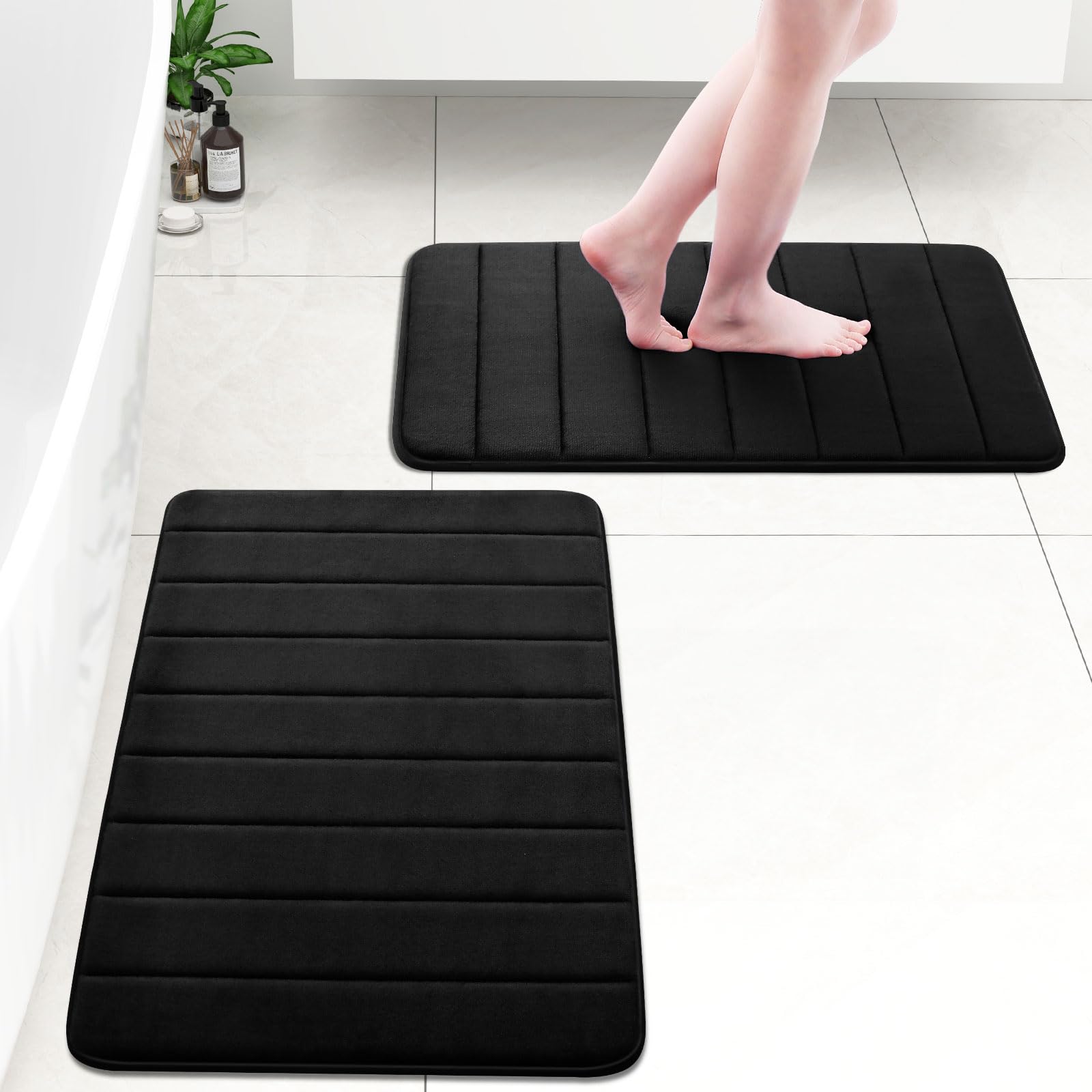 OLANLY Soft Memory Foam Bath Mat, Non-Slip and Super Absorbent Bathroom Mat, Machine Washable Quick Dry Bath Mats for Bathroom, Shower, and Tub, 16" x 24", Black