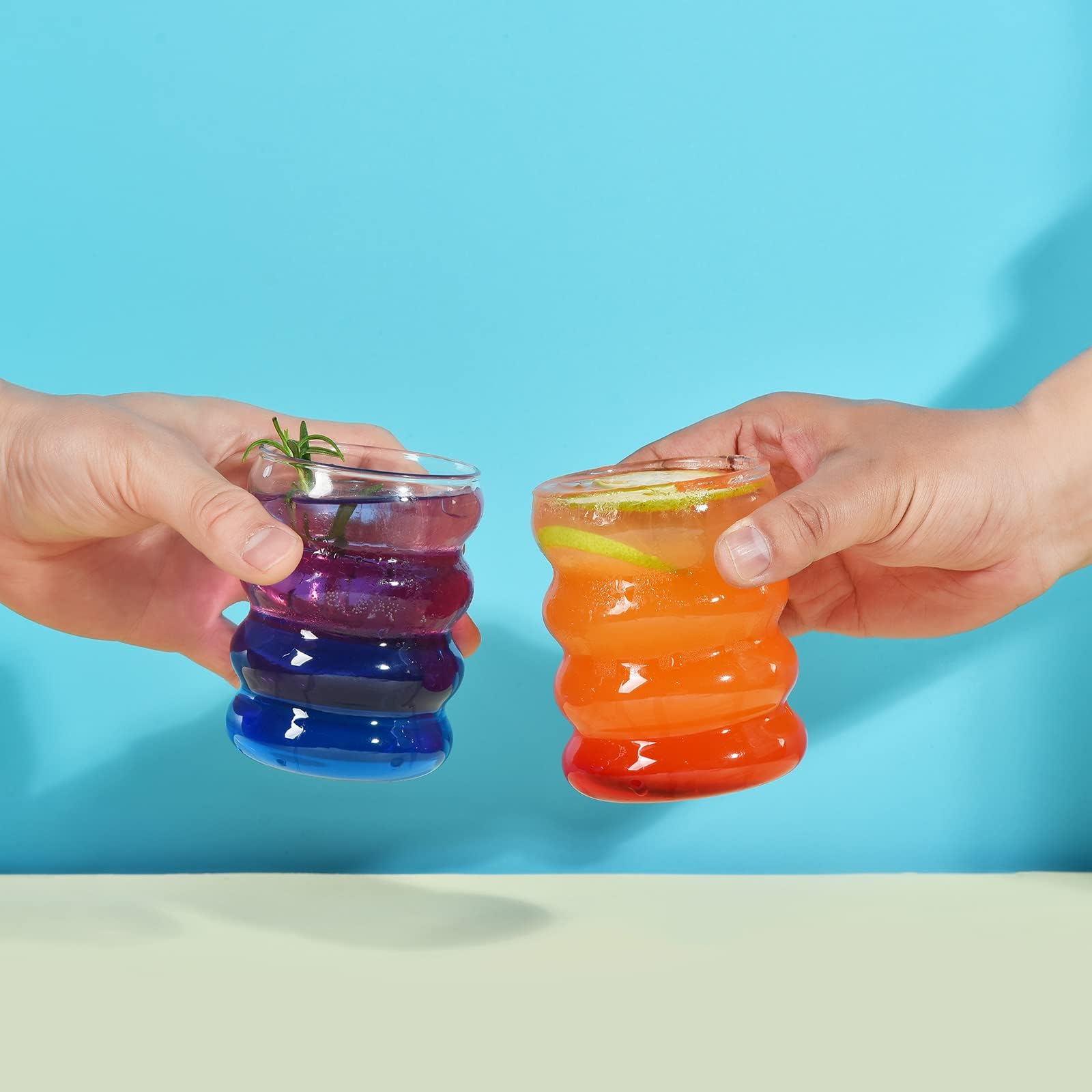 ALINK 16 oz Bubble Drinking Water Glasses Tumblers- Glass Cups Cute Ripple Shaped Vintage Ribbed Glassware- Cocktail,Soda, Juice, Coffee, Milk - Set of 4