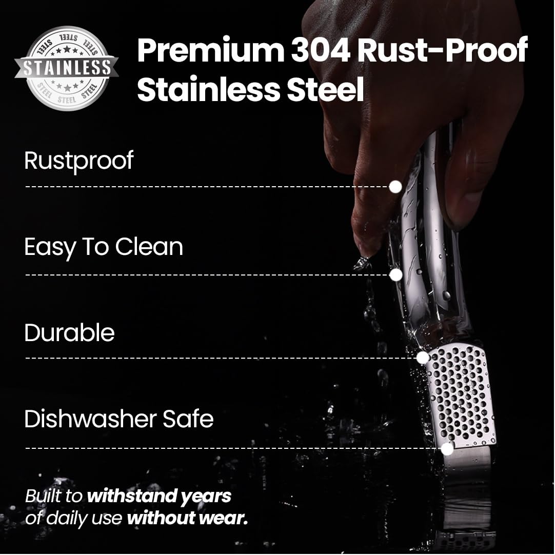 No Peeling Required Garlic Press Stainless Steel with Detachable Handle for Fine Mincing-Premium Garlic Mincer Tool, Rust-Proof, Easy to Clean, Dishwasher Safe Garlic Crusher with Lifetime Replacement