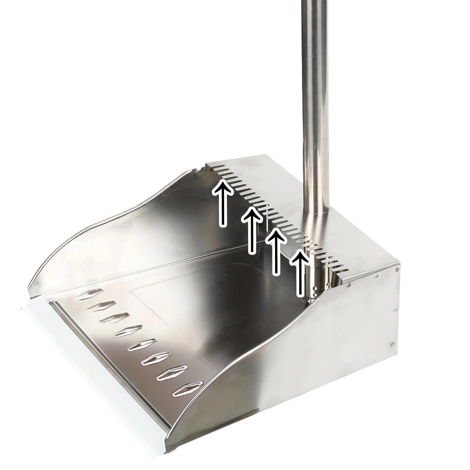 Metal Dustpan Long Handle Stainless Steel Dustpan,Heavy Duty Dust Pan with Teeth,Indoor Outdoor Standing Up Dust Pan for Home Kitchen Lobby Room Office