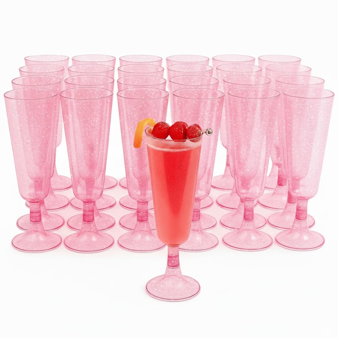 MATANA 50 Plastic Champagne Flutes Pink Glitter 5 oz/ 150ml - Reusable Champagne Glasses, Cocktail Glasses, Mimosa Glasses for Cocktails, Dessert, Wine - Toasting Glasses for Parties, Weddings