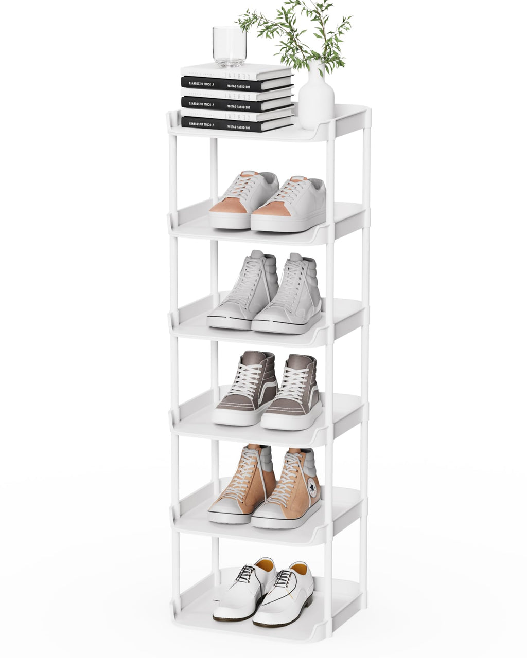 Altdnmaf Narrow Shoe Storage Rack, Compact Single Shoerack Stand for Slim Space, Stackable Tall Thin Show Tower, Solid Plastic Shelves, for Hallways, Kitchens, Bedrooms Tidy Organizer (White, 6 Tier)