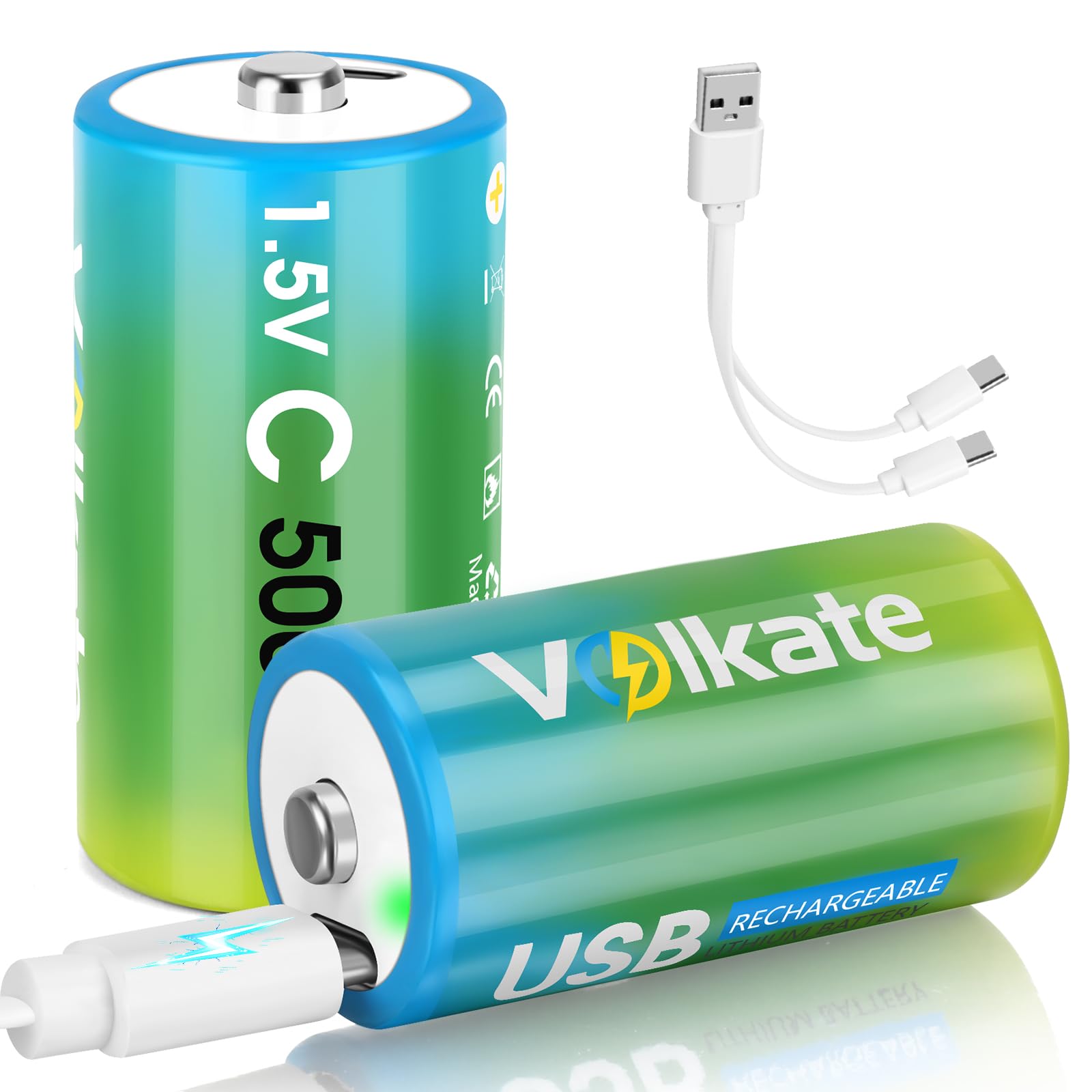C Batteries 2 Pack, USB Rechargeable Lithium C Cell Batteries with Charging Cable, Battery C Size LR 14 1.5V 5000mWh, Type C Battery
