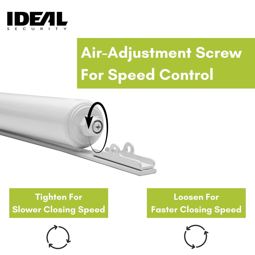 Ideal Security Model 8160 Heavy-Duty Pneumatic Storm Door Closer with Torsion Bar and Wind Chain, 10.5" L x 1.5" W, Adjustable Speed, Secure Closing, White